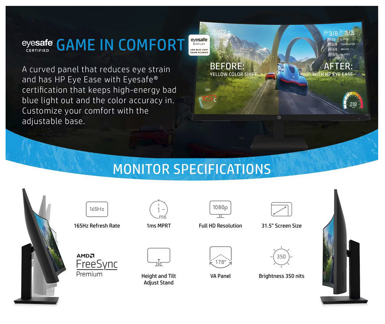 Écran HP X32c FHD 1ms MPRT Gaming Monitor